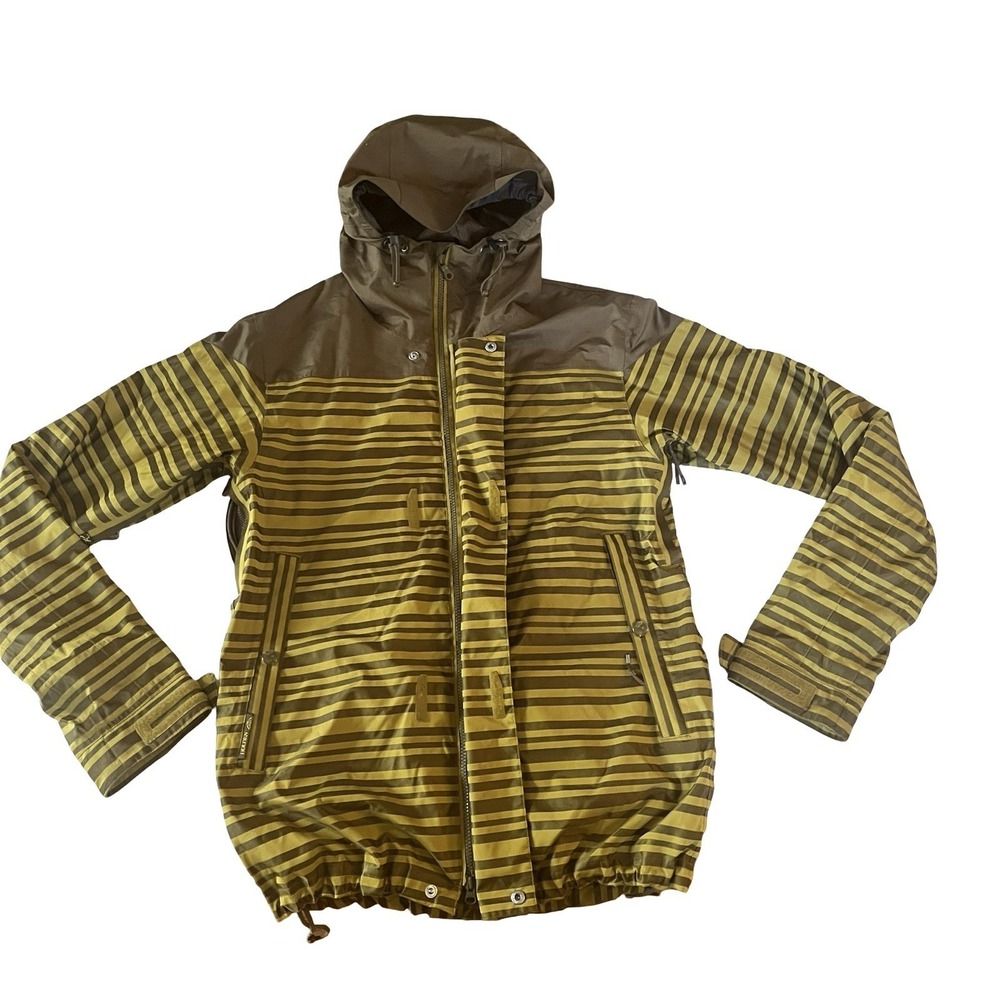 Holden Men's Size M Ski Jacket Olive Green Stripe Pockets Hooded Elastic Waist